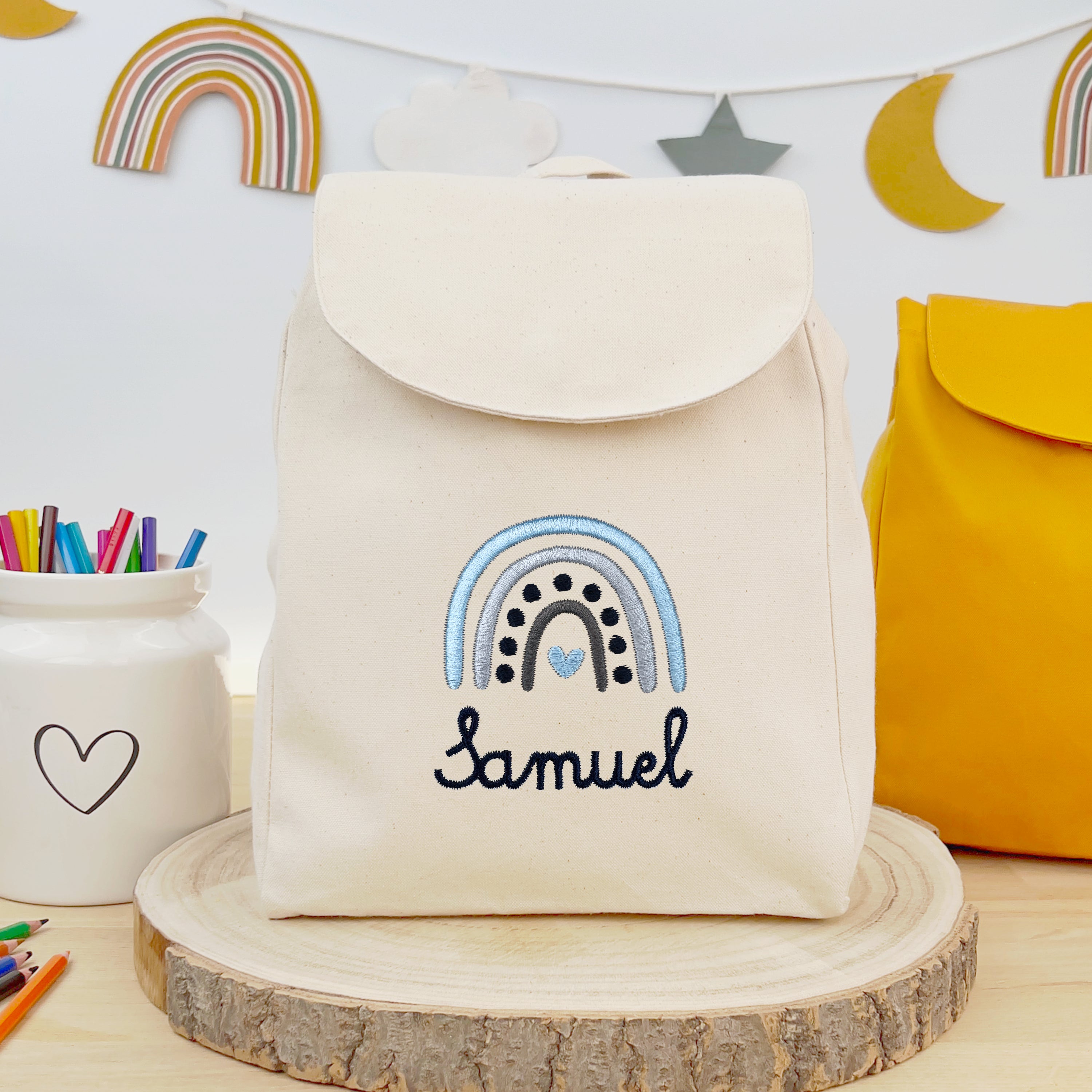 Organic children's backpack with name and rainbow - natural/navy