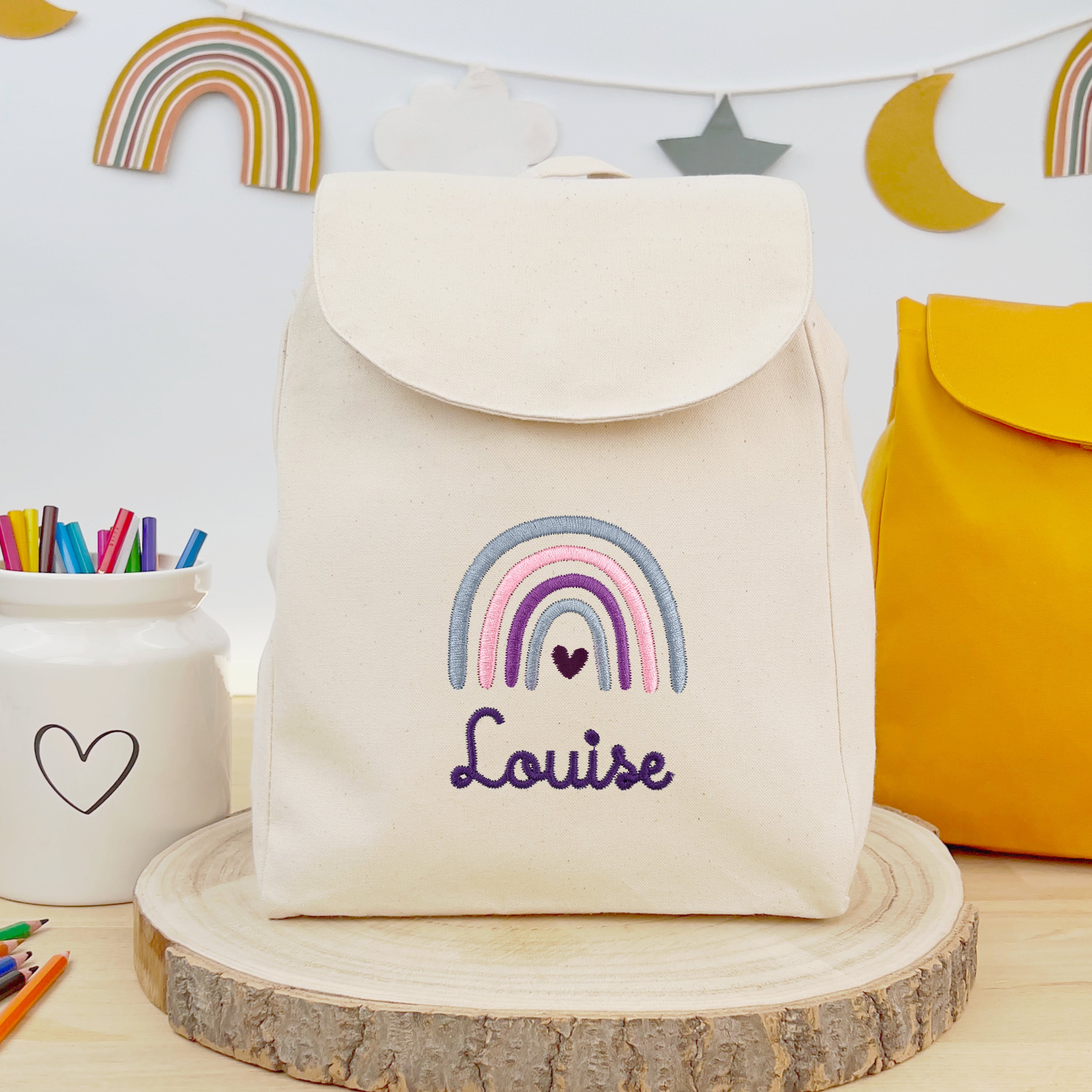 Bio-Kinderrucksack mit Namen und Regenbogen - Natur/Lila