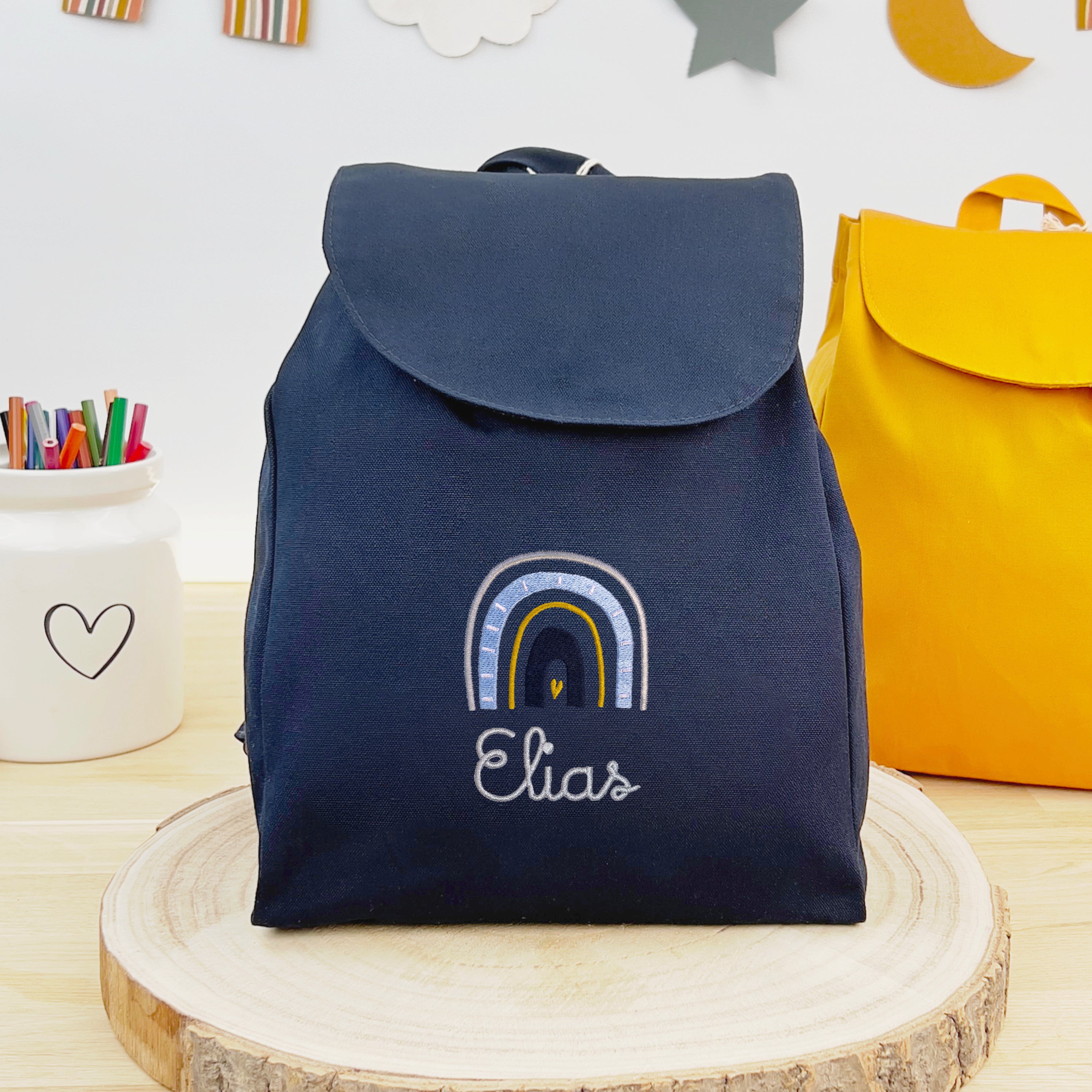 Bio Kinderrucksack mit Namen und Regenbogen - Navy/Silber