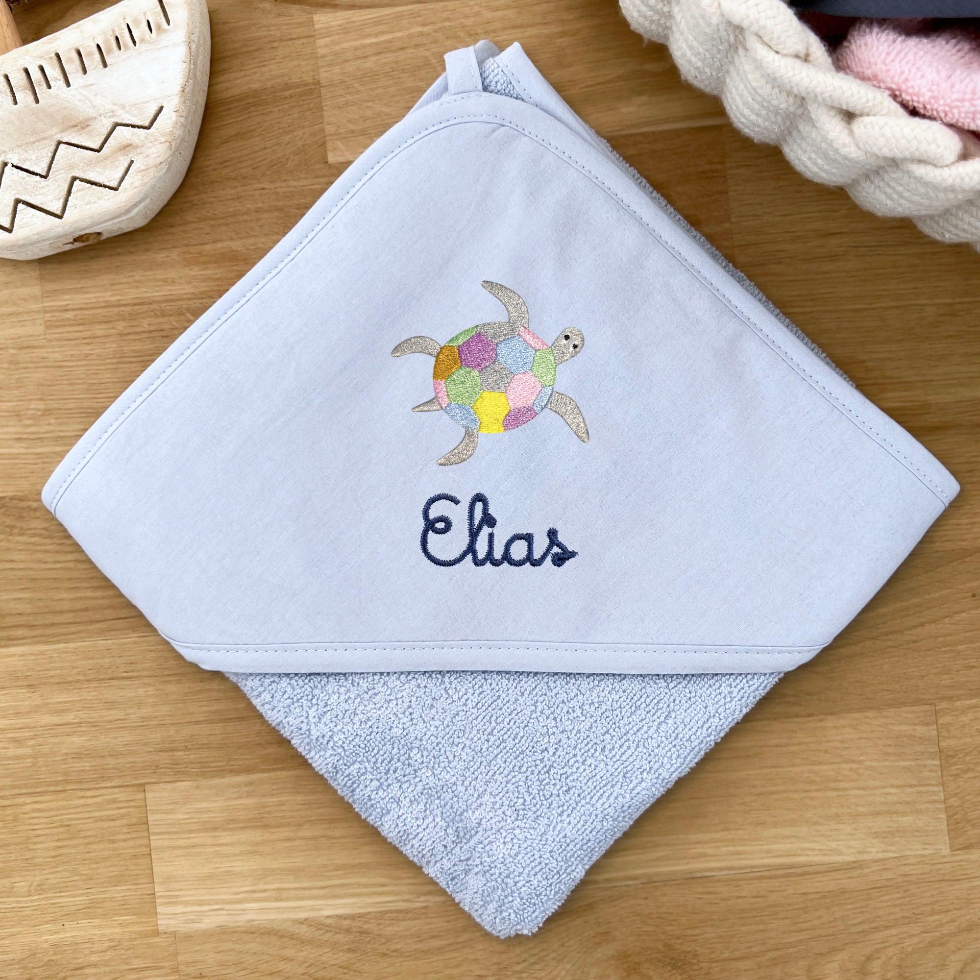 Kids/Baby Hooded Towel With Name - Light Blue / Turtle