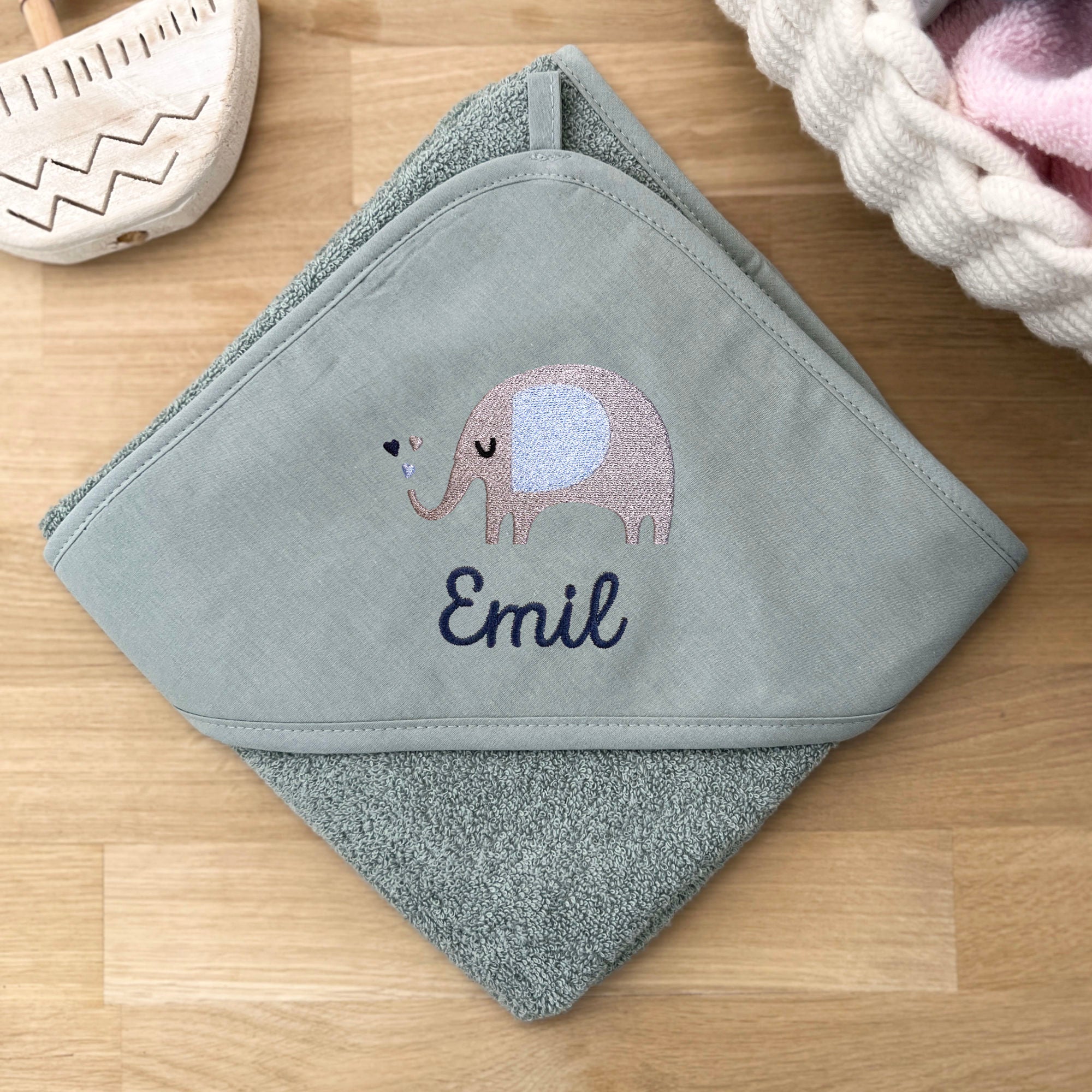 Kids/Baby Hooded Towel With Name - Green / Elephant