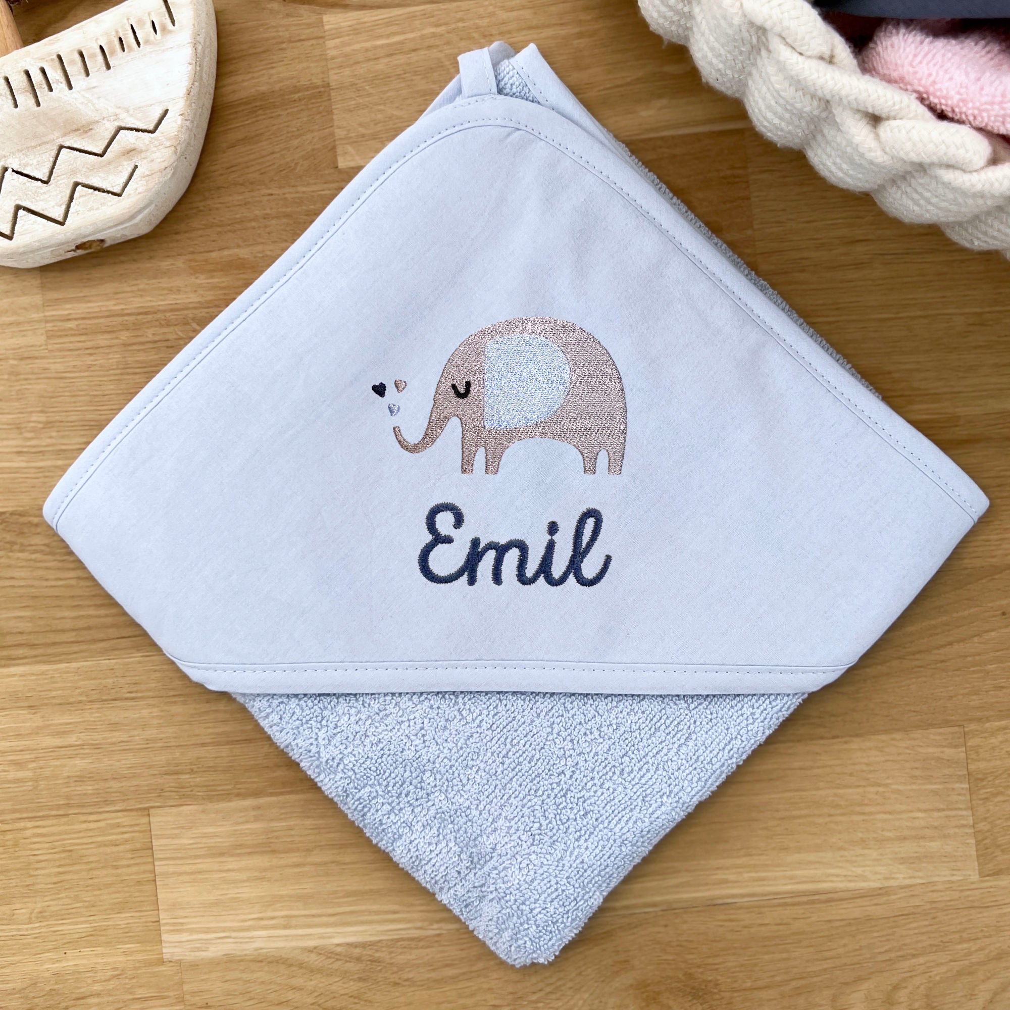 Serviette à Capuche Enfant/Bébé Avec Nom - Bleu Clair / Éléphant