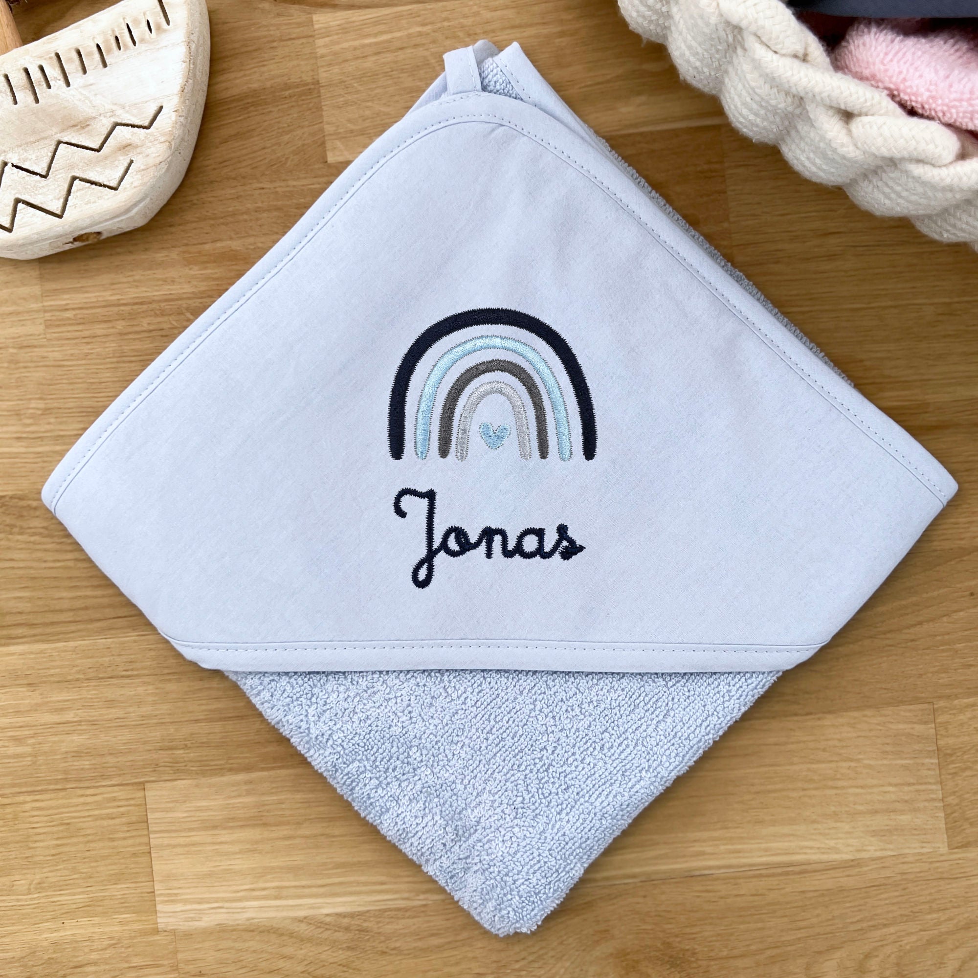 Kids/Baby Hooded Towel With Name - Light Blue / Rainbow