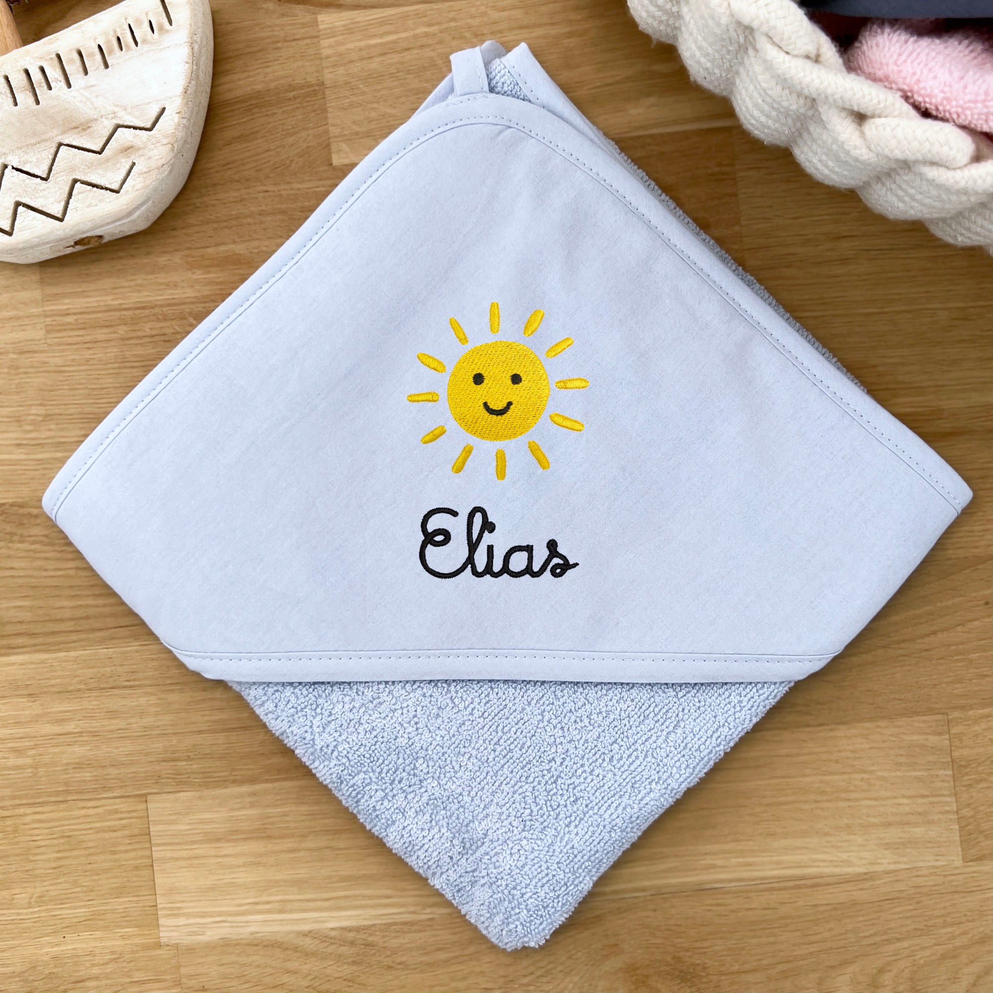 Kids/Baby Hooded Towel With Name - Light Blue / Sun