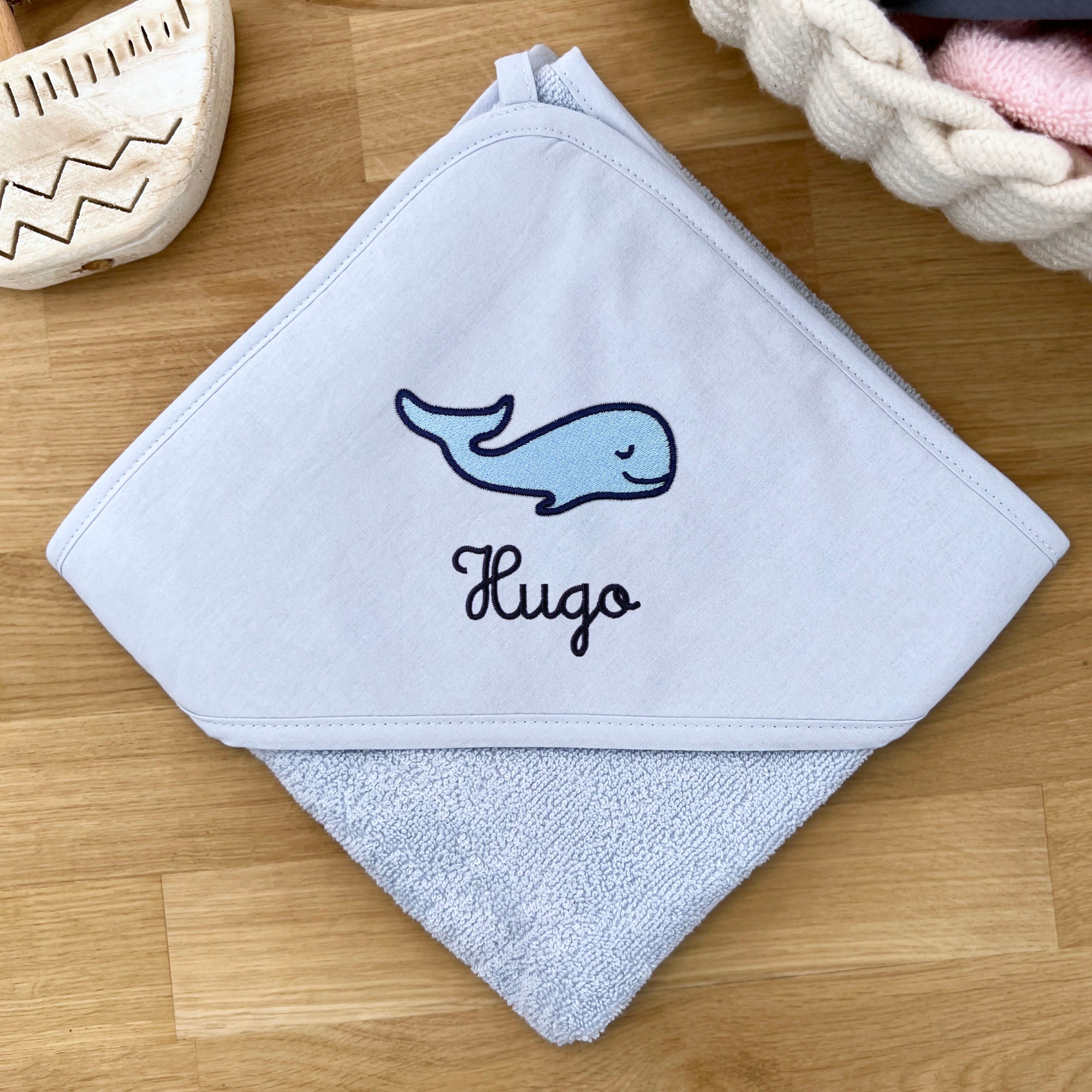 Kids/Baby Hooded Towel With Name - Light Blue / Whale