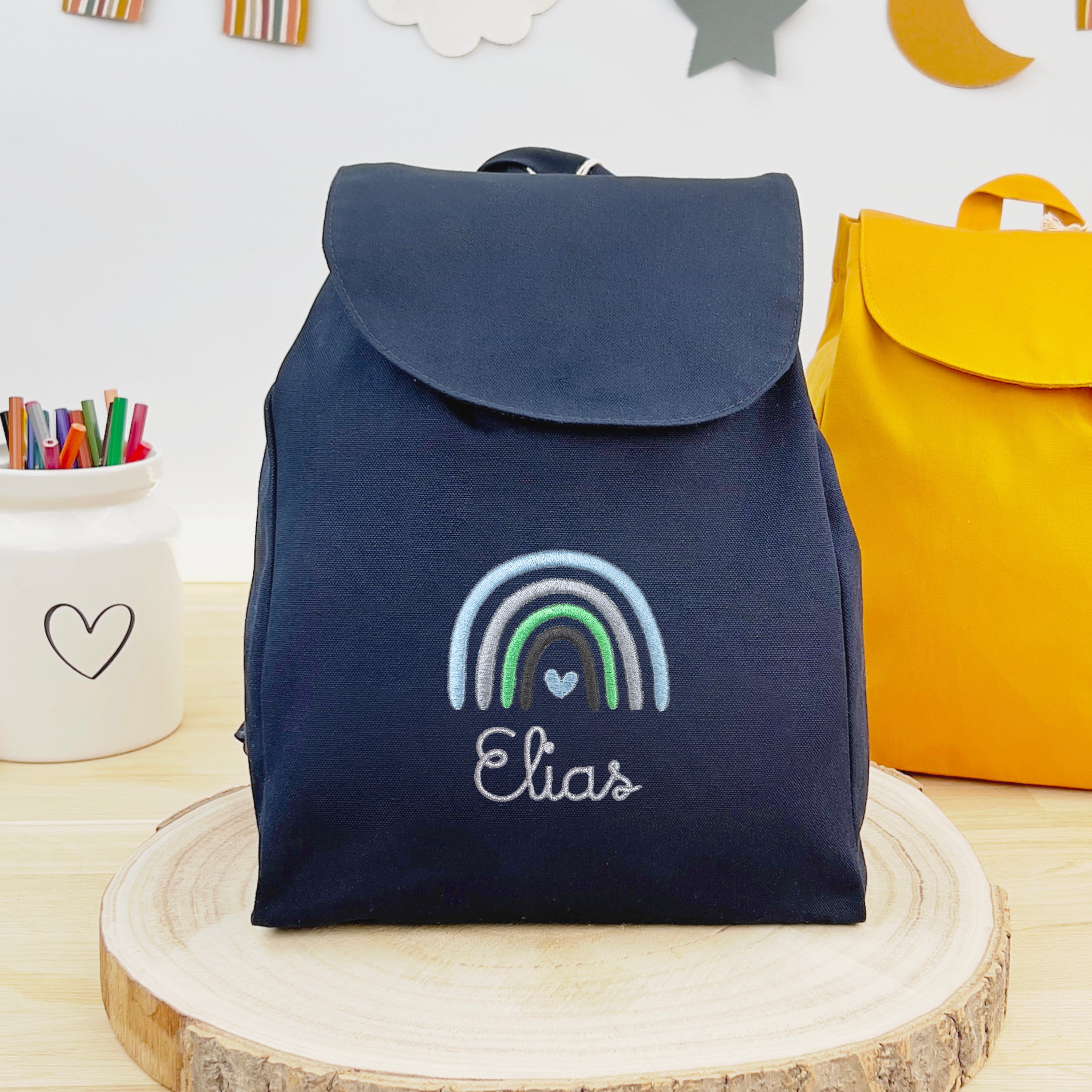 Bio Kinderrucksack mit Namen und Regenbogen - Navy/Silber