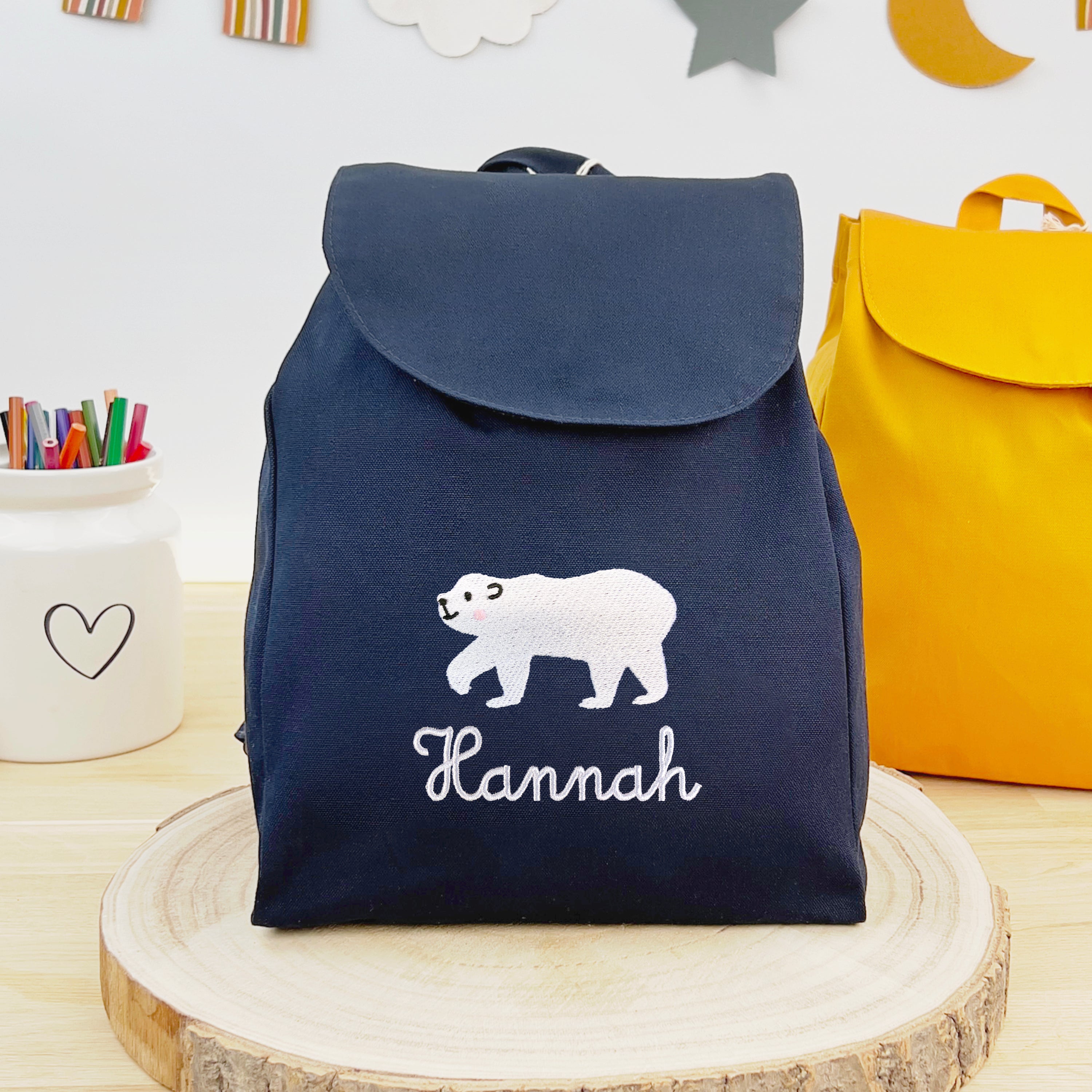 Bio Kinderrucksack mit Namen und Eisbär - Navy/Weiß