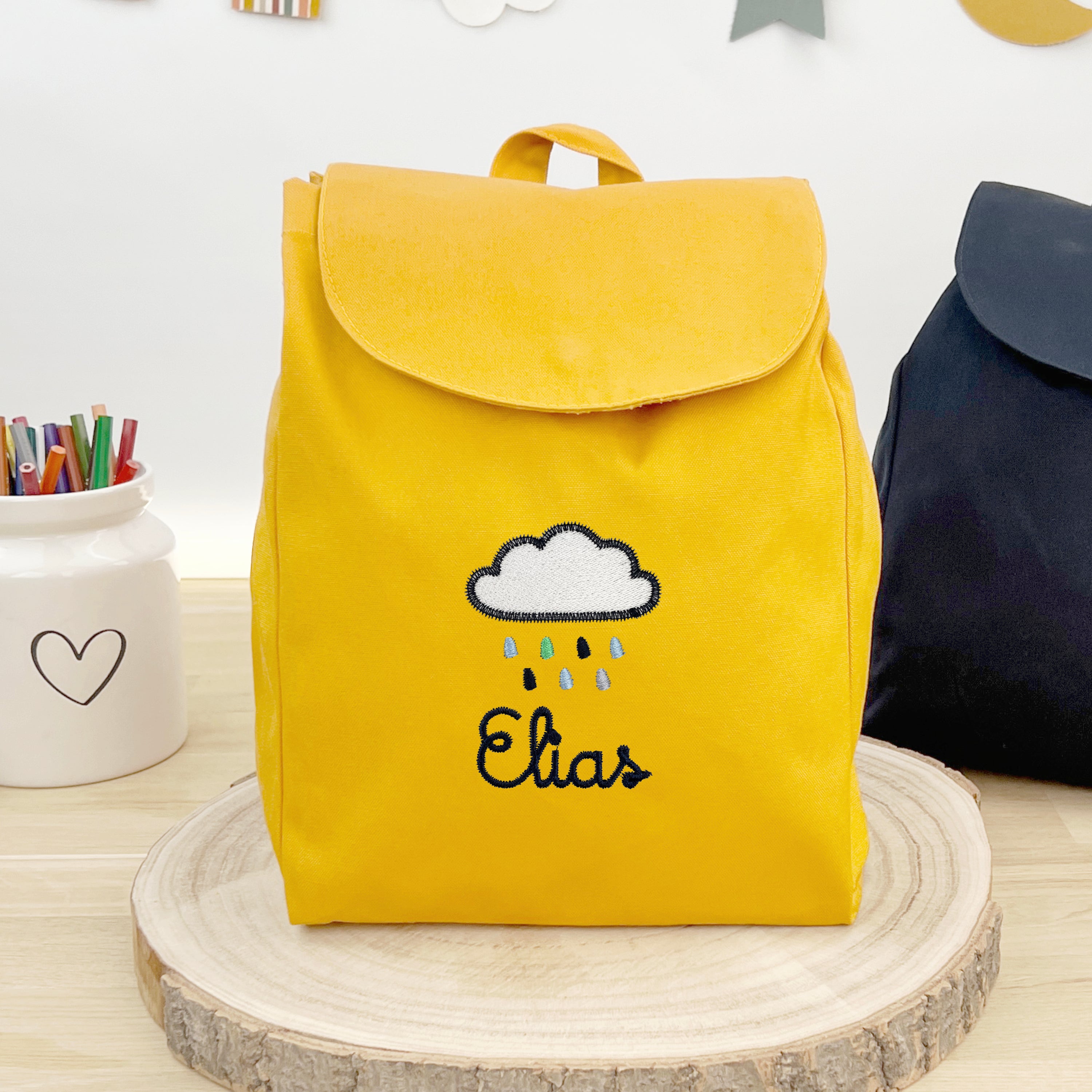 Bio Kinderrucksack mit Namen und Wolke - Senf/Navy