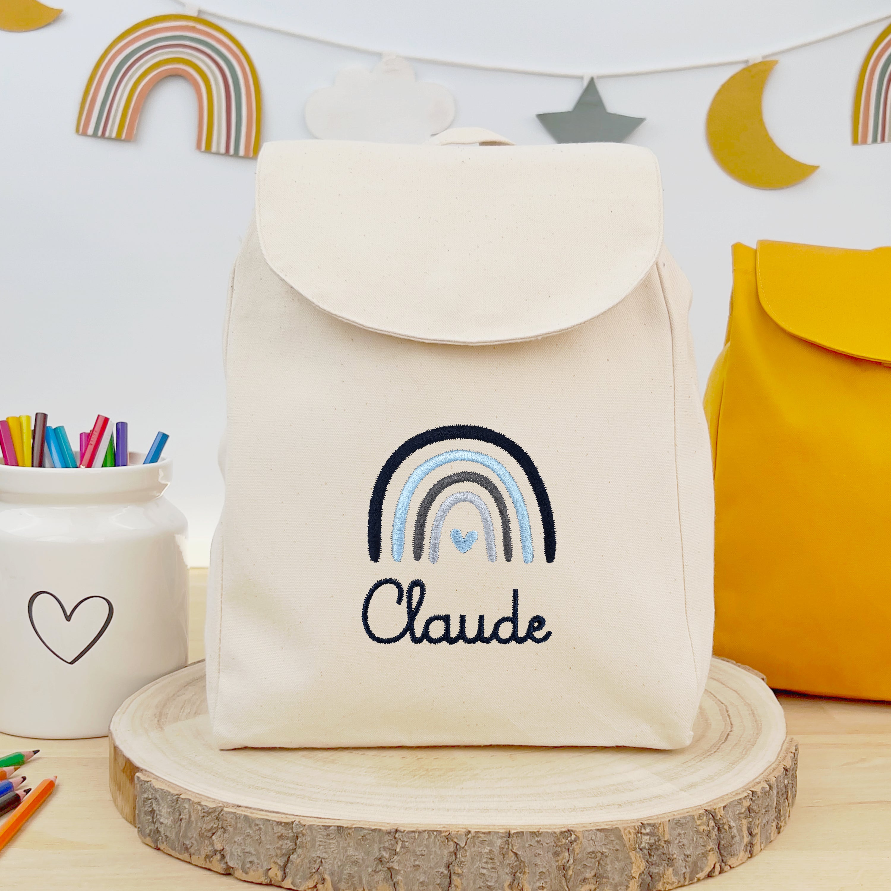 Organic children's backpack with name and rainbow - natural/navy