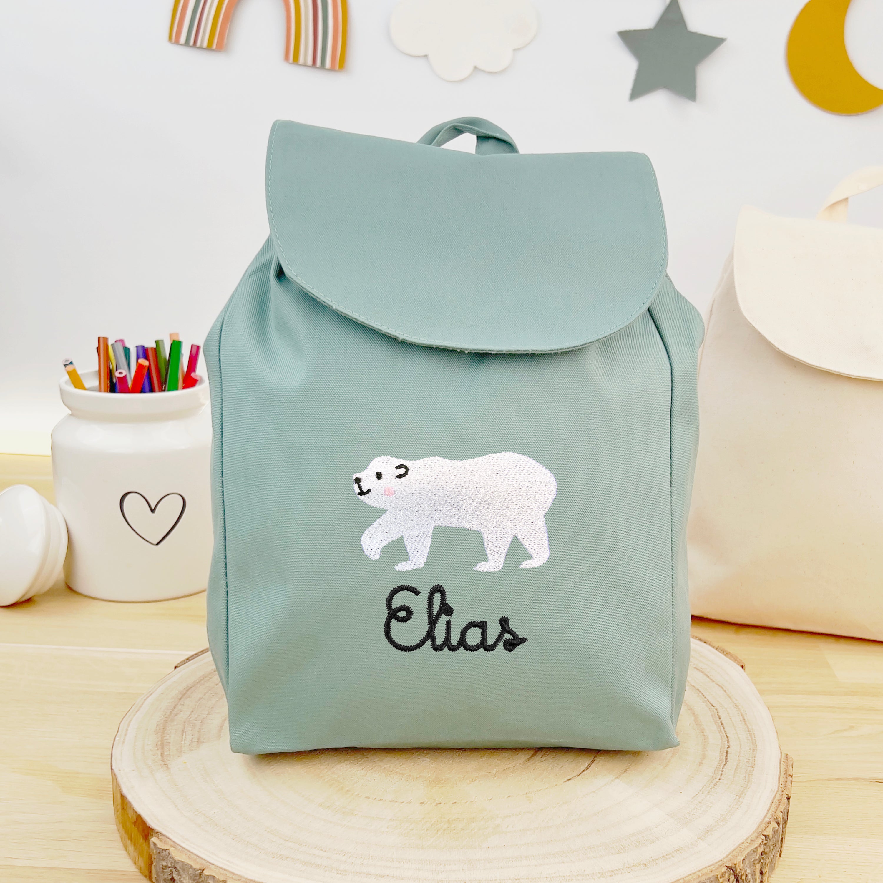 Bio Kinderrucksack mit Namen und Eisbär - Mint/Schwarz