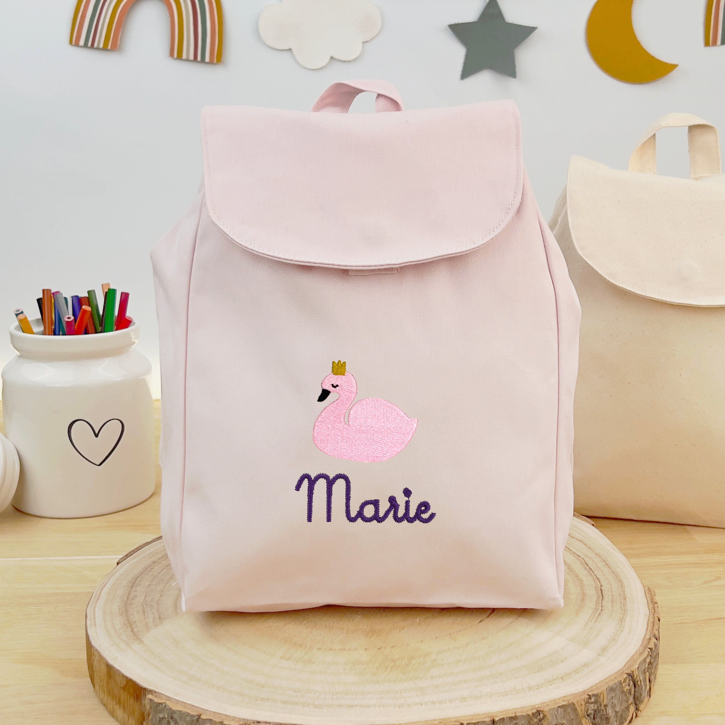 Bio Kinderrucksack mit Namen und Schwan - Rosa/Lila