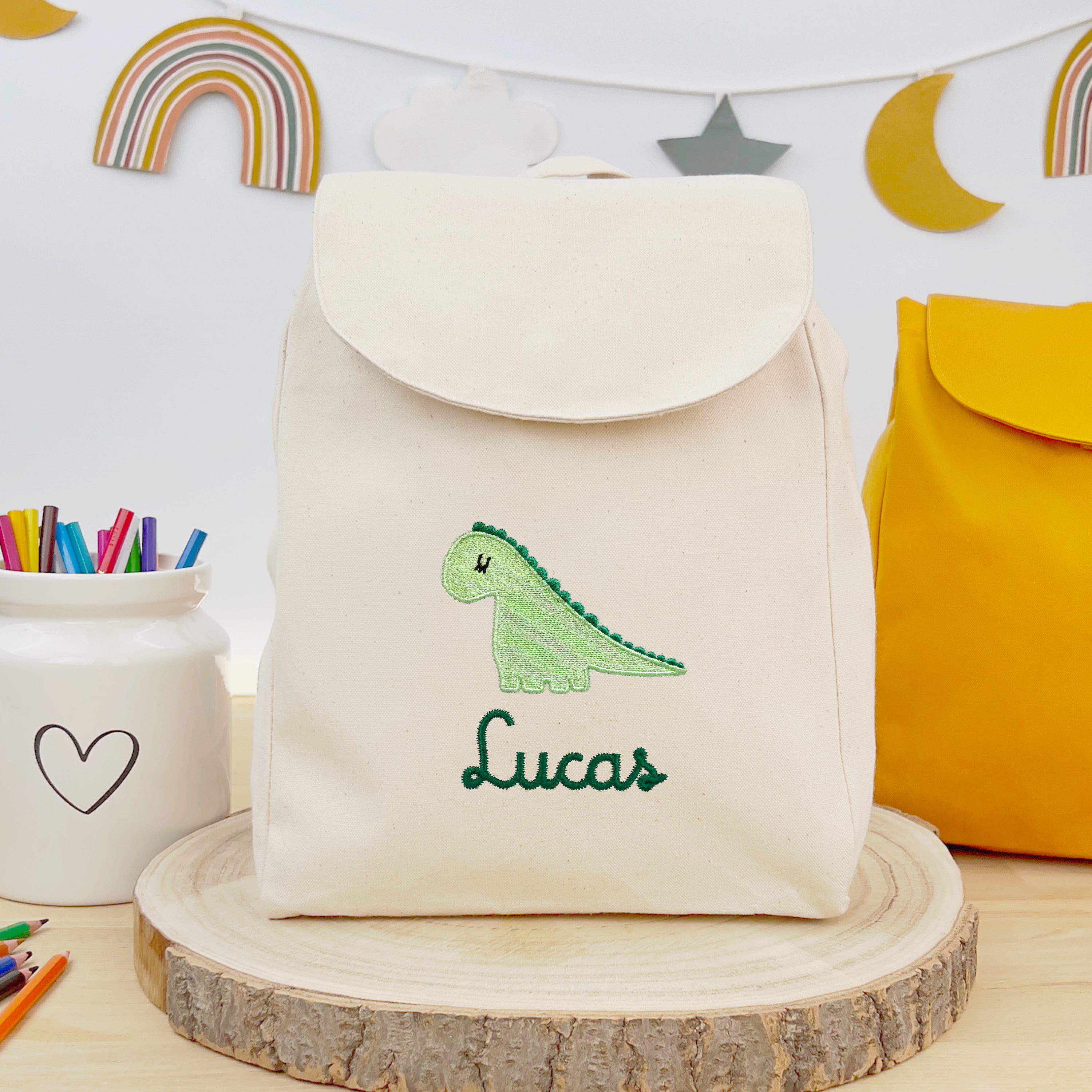 Bio-Kinderrucksack mit Namen und Dino - Natur/Grün