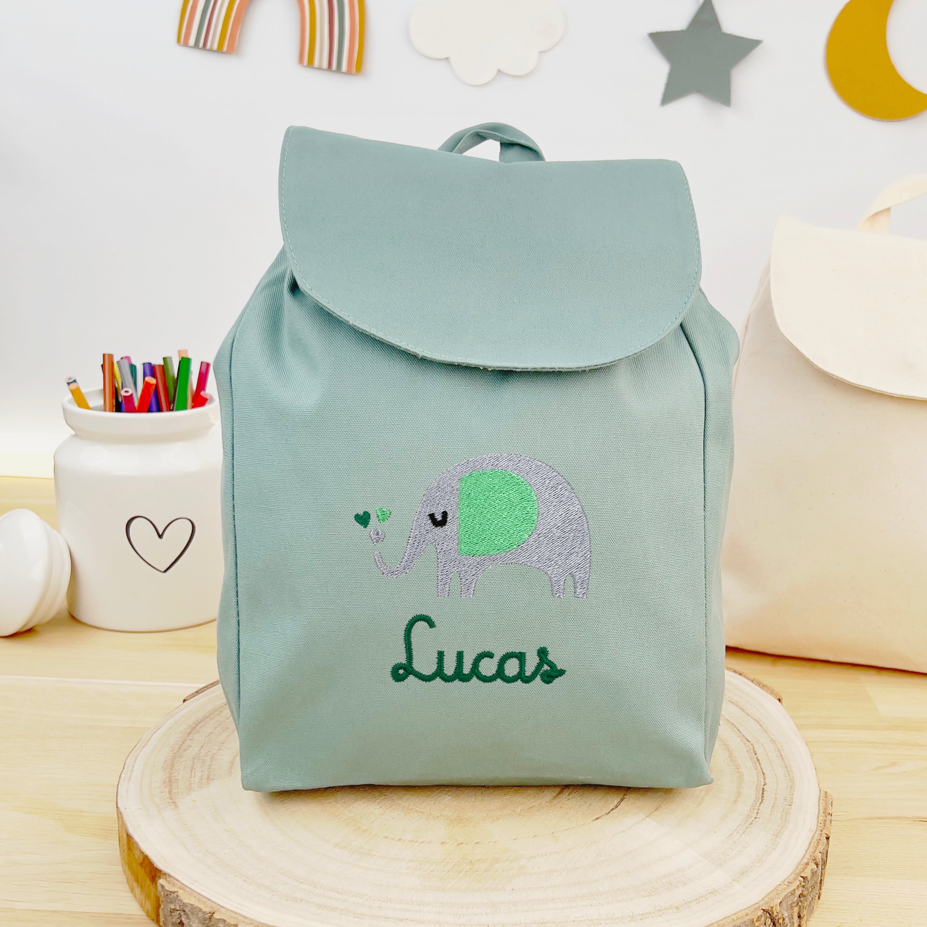 Bio Kinderrucksack mit Namen und Elefant - Mint/Grün