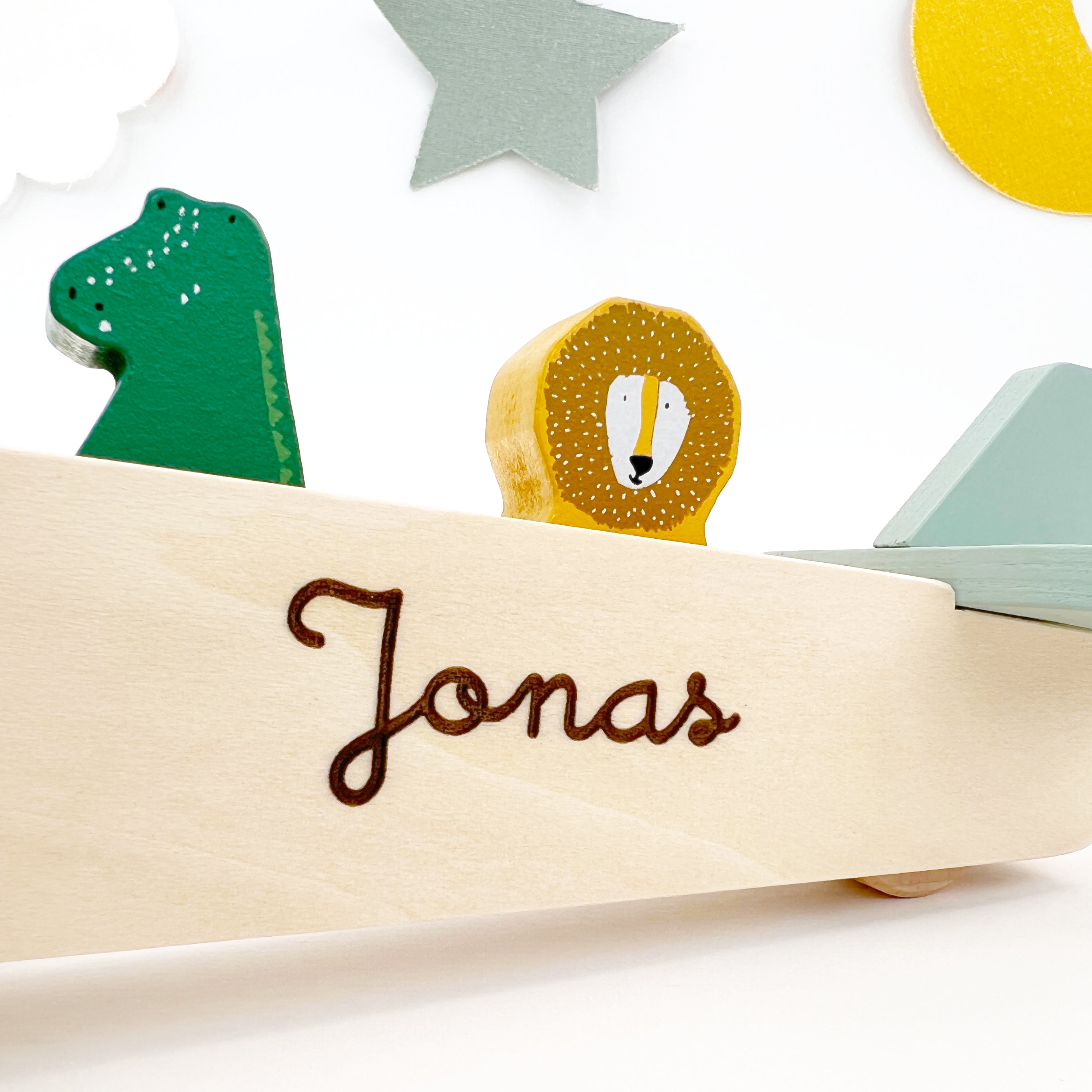 Wooden car with name personalized with animal figures