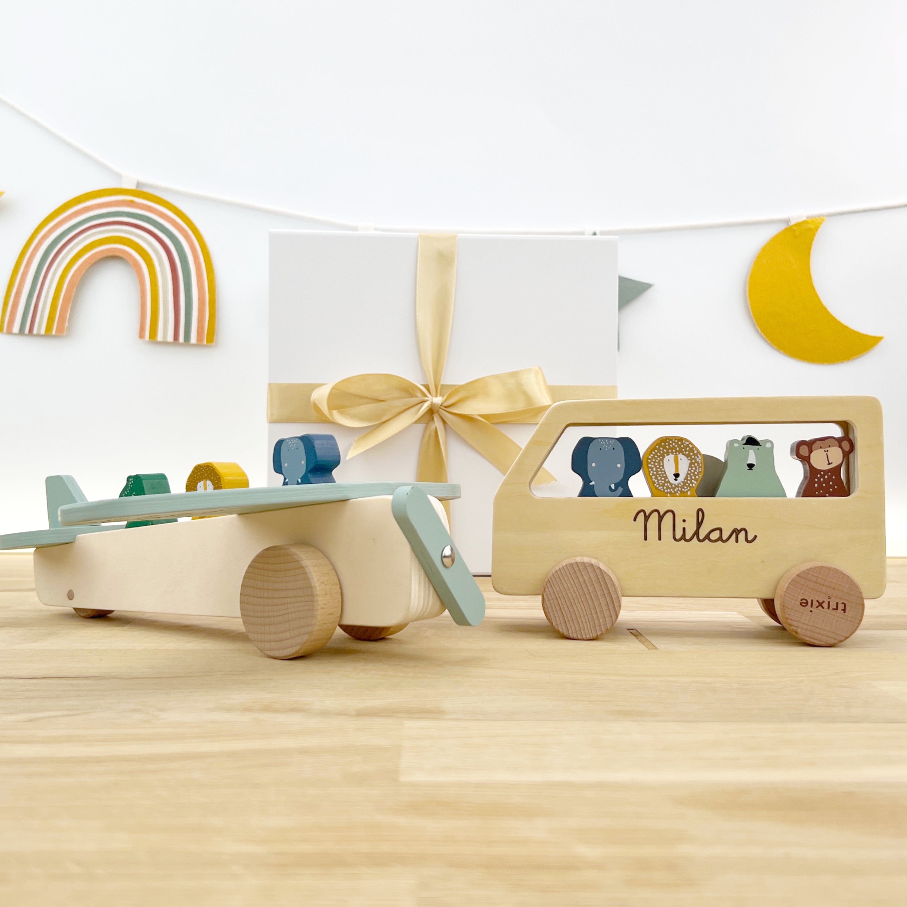 Wooden car with name personalized with animal figures