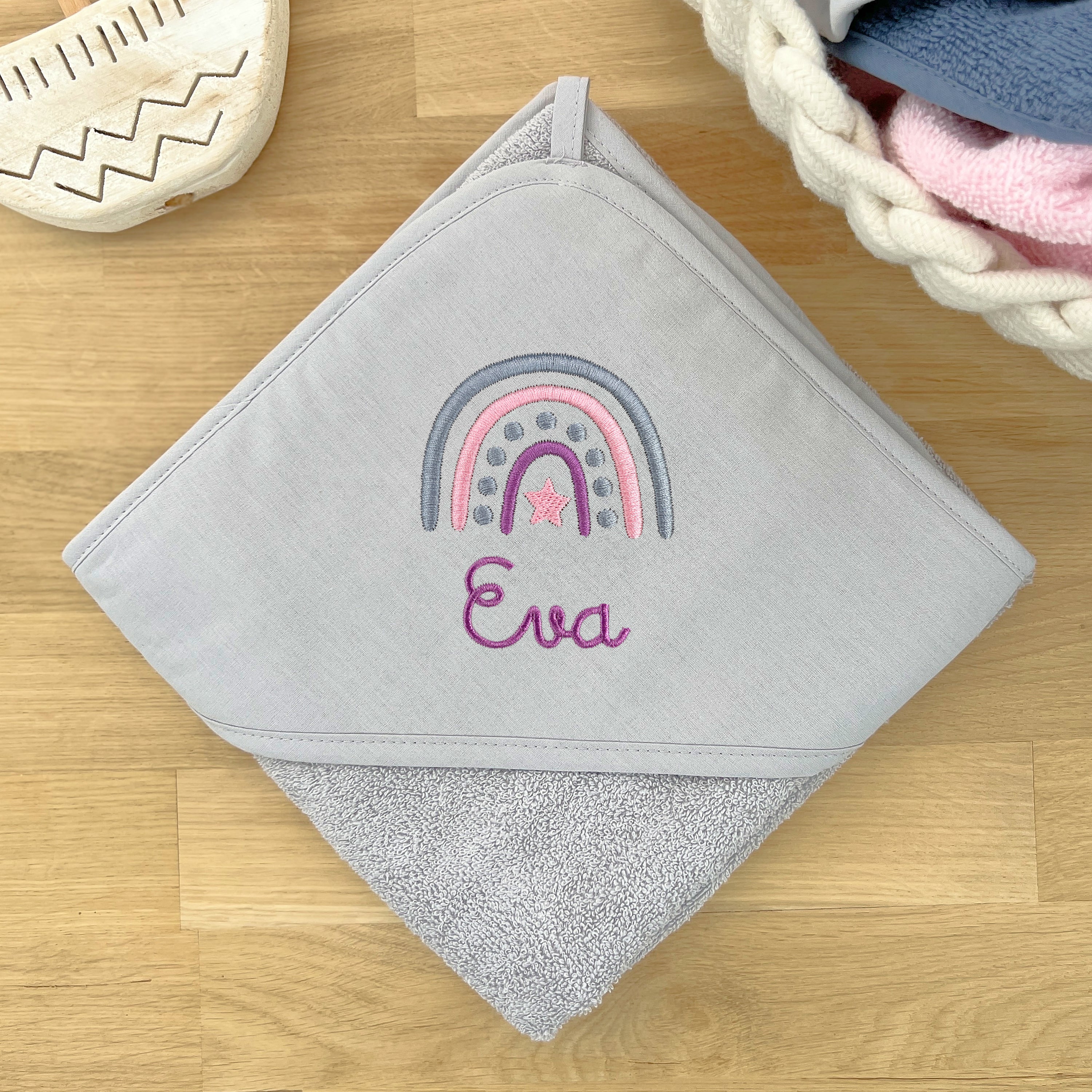 Kids/Baby Hooded Towel With Name - Grey/Rainbow