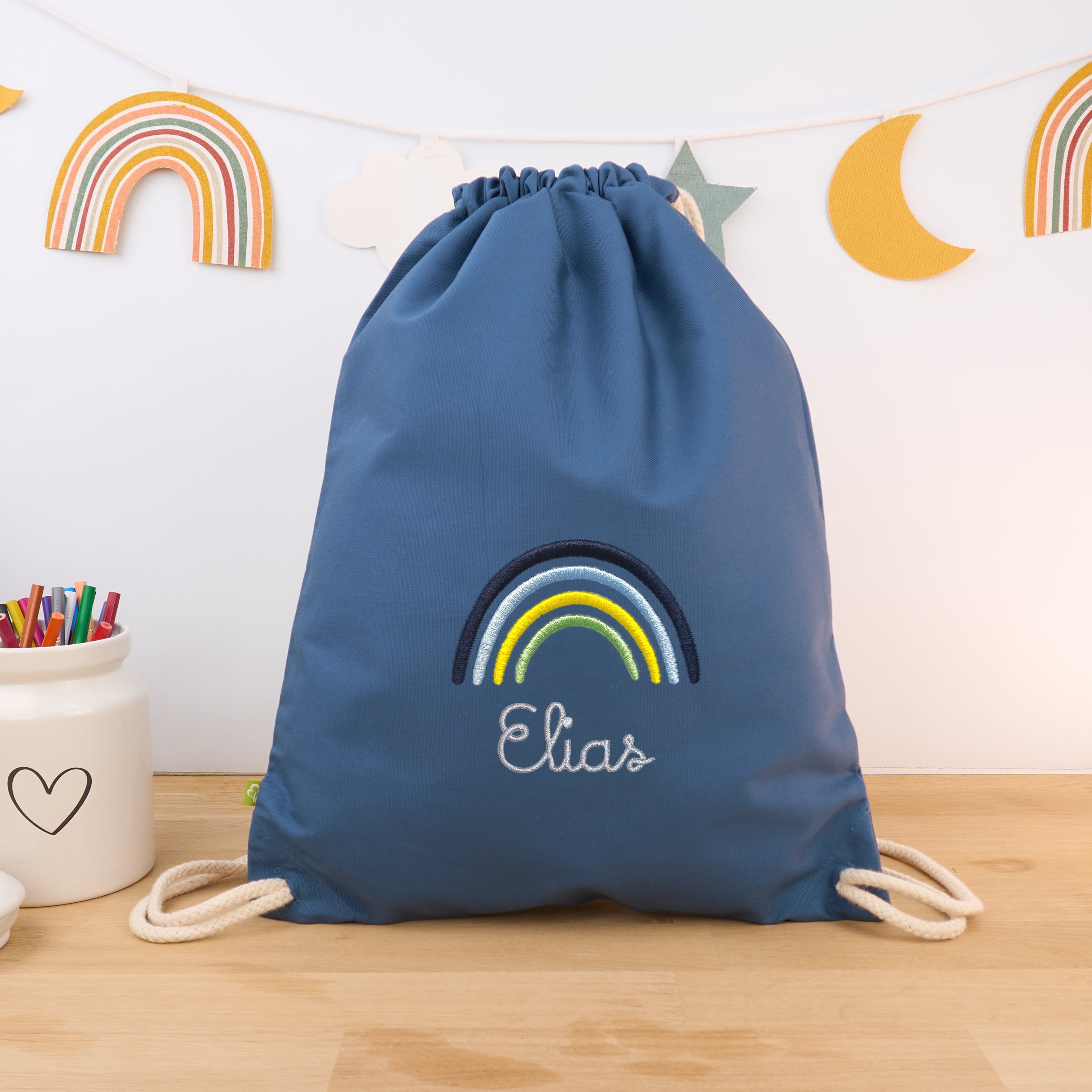 Bio-Kinderturnbeutel mit Namen und Regenbogen - Blue Fog/Silber