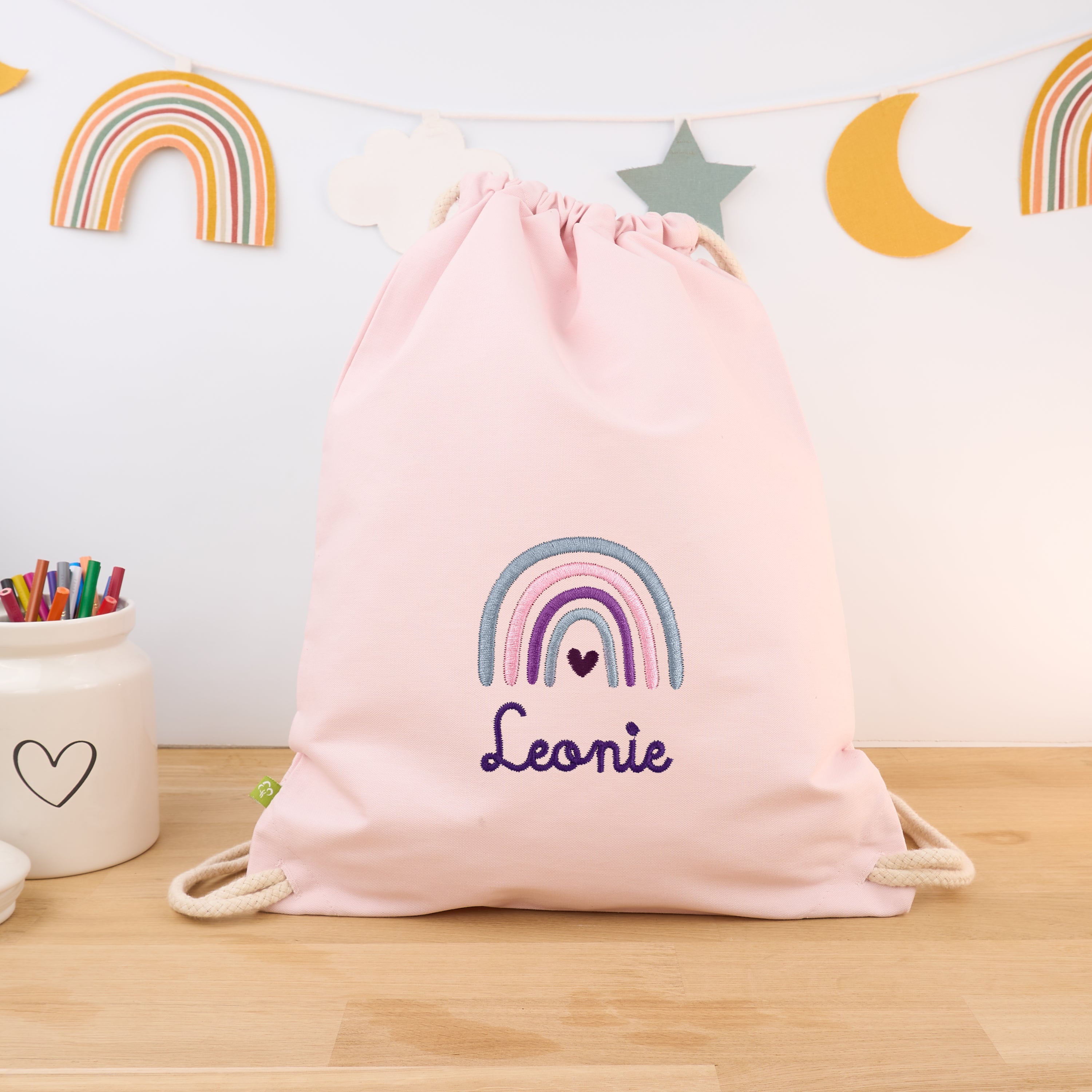 Bio-Kinderturnbeutel mit Namen und Regenbogen - Rosa/Lila