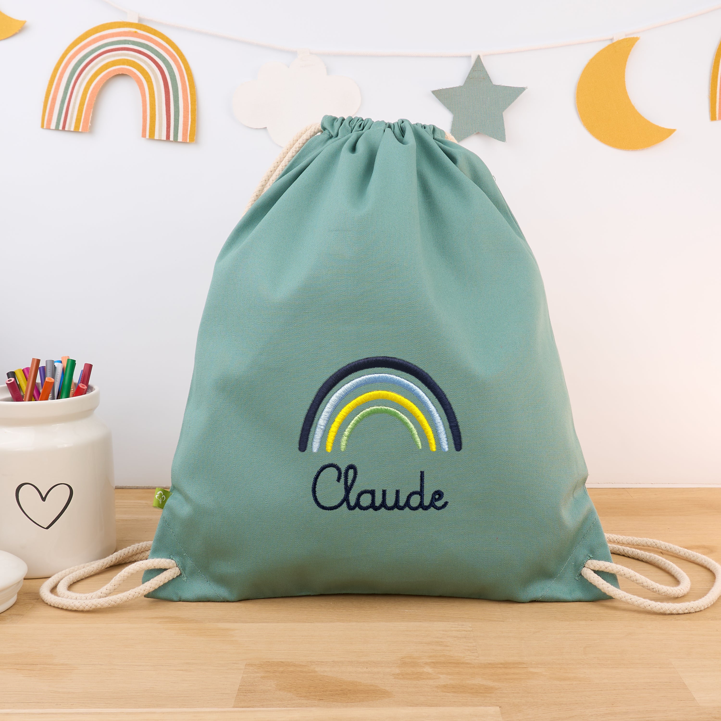 Bio-Kinderturnbeutel mit Namen und Regenbogen - Mint/Navy