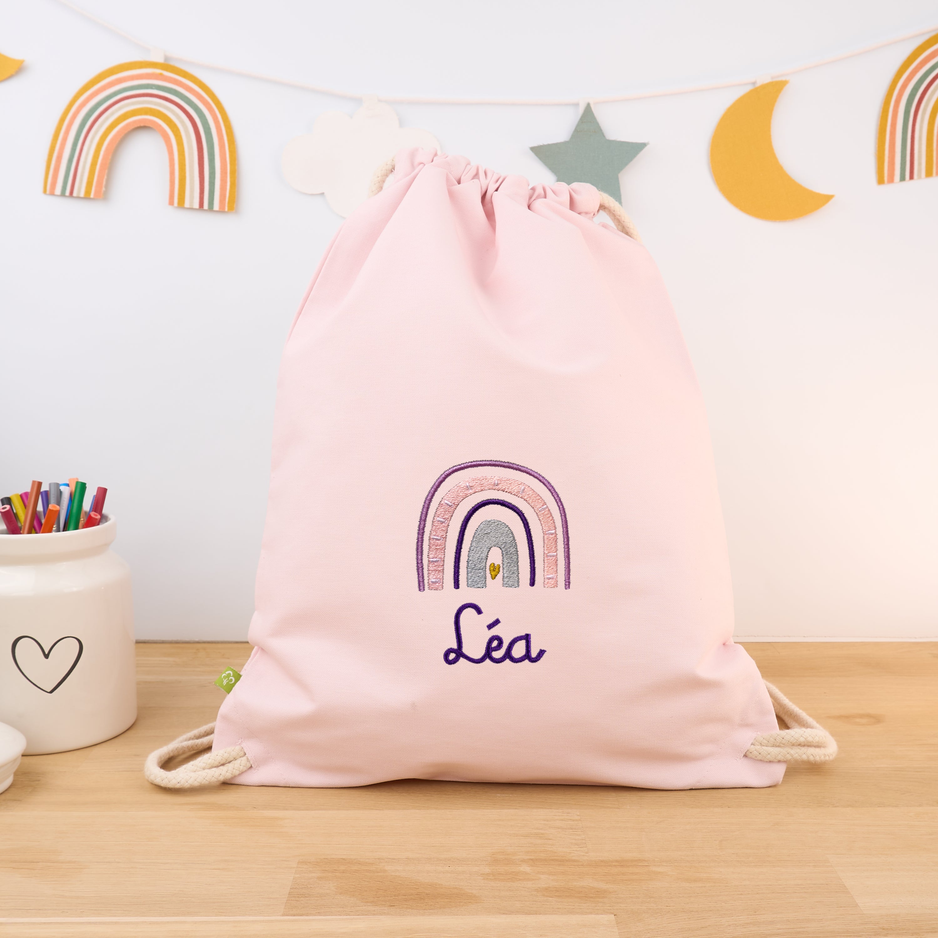 Bio-Kinderturnbeutel mit Namen und Regenbogen - Rosa/Lila