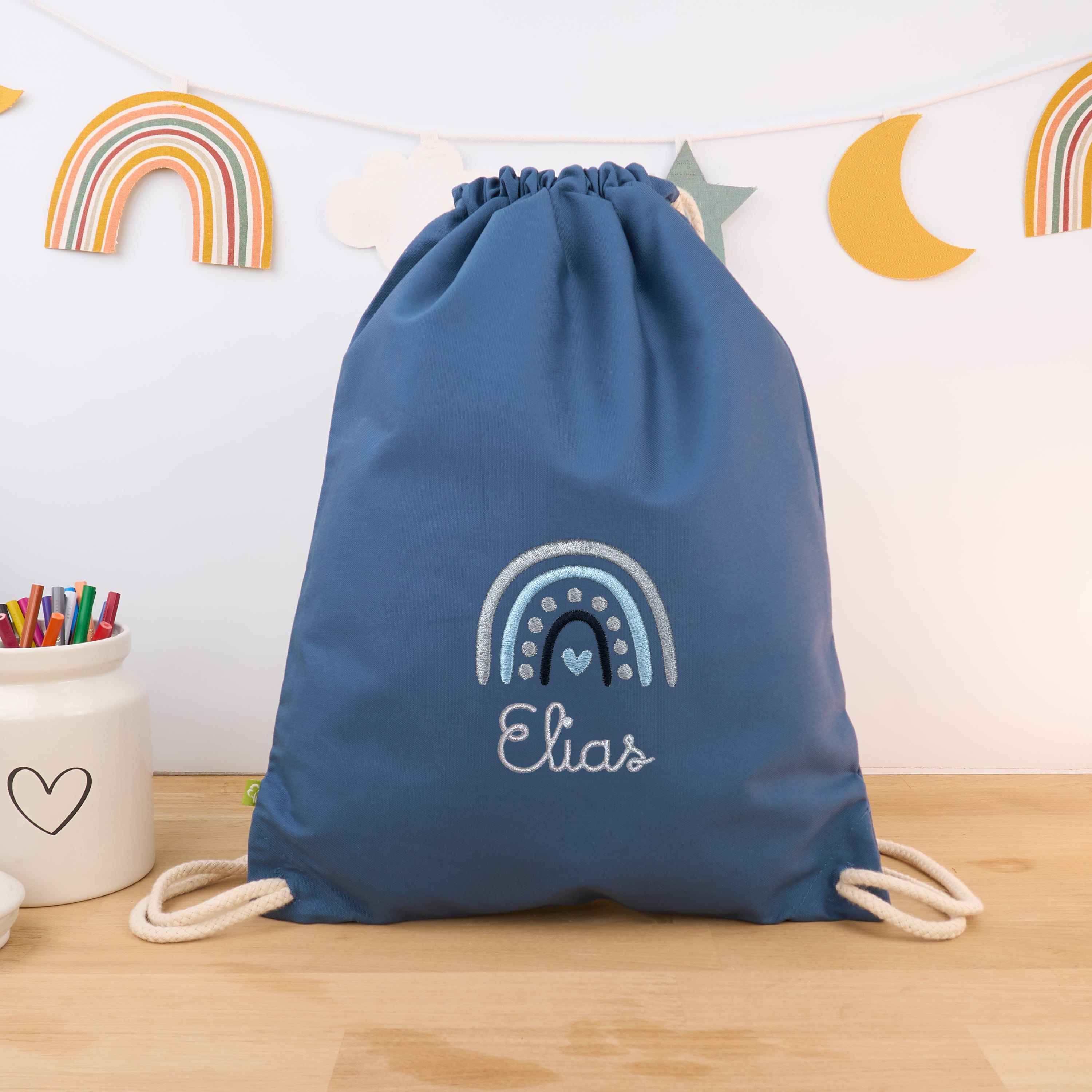 Bio-Kinderturnbeutel mit Namen und Regenbogen - Blue Fog/Silber