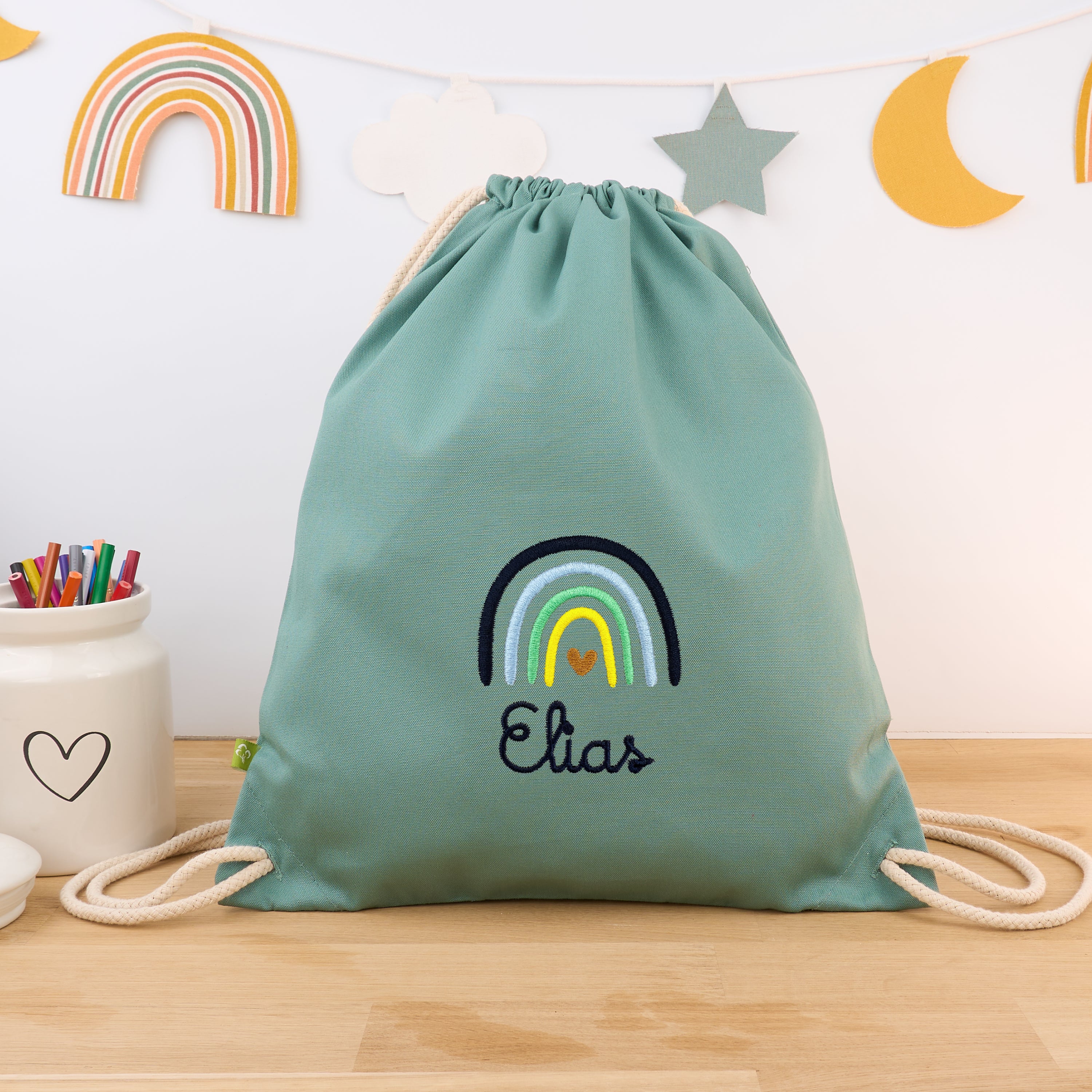 Bio-Kinderturnbeutel mit Namen Regenbogen - Mint/Navy