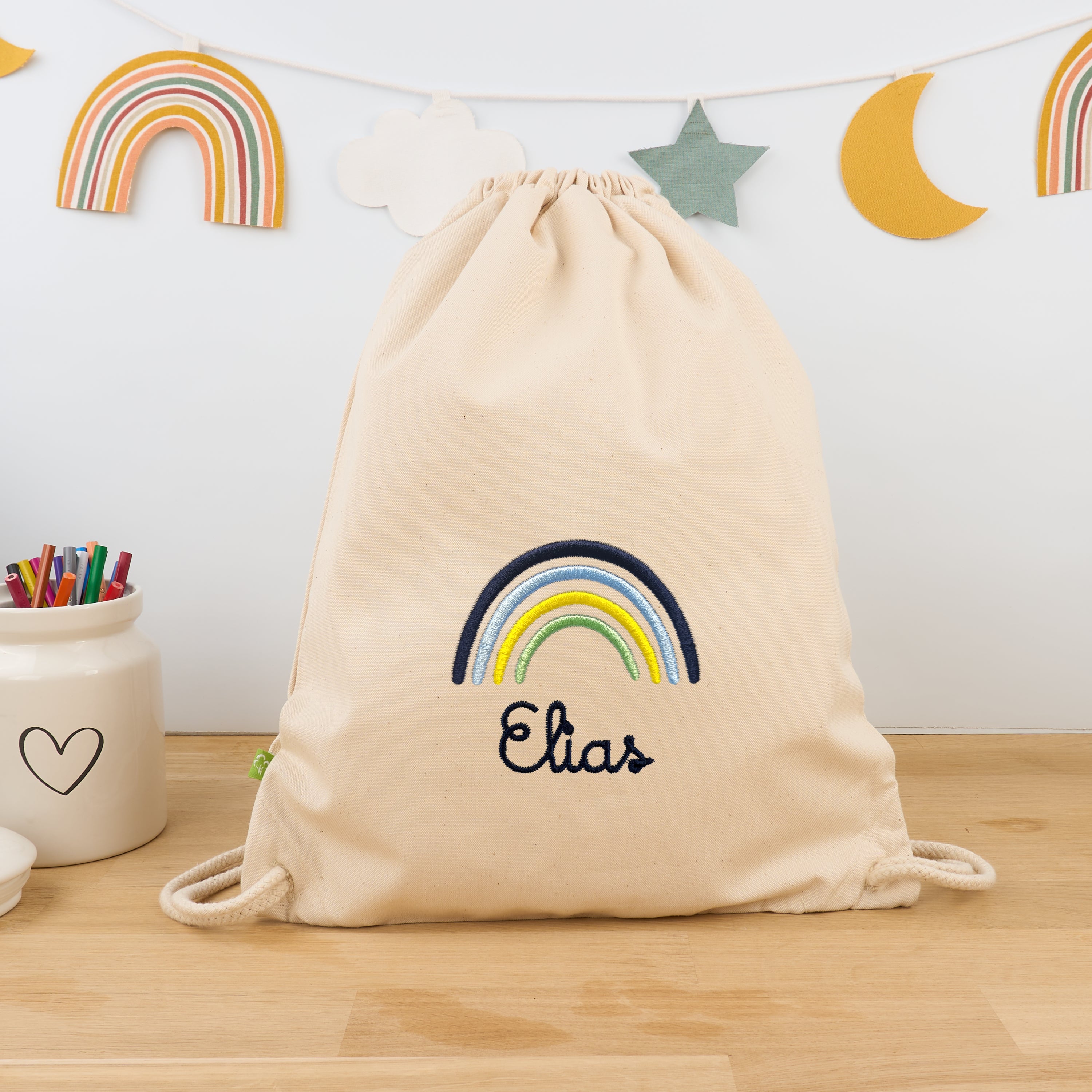 Bio-Kinderturnbeutel mit Namen und Regenbogen - Natur/Navy